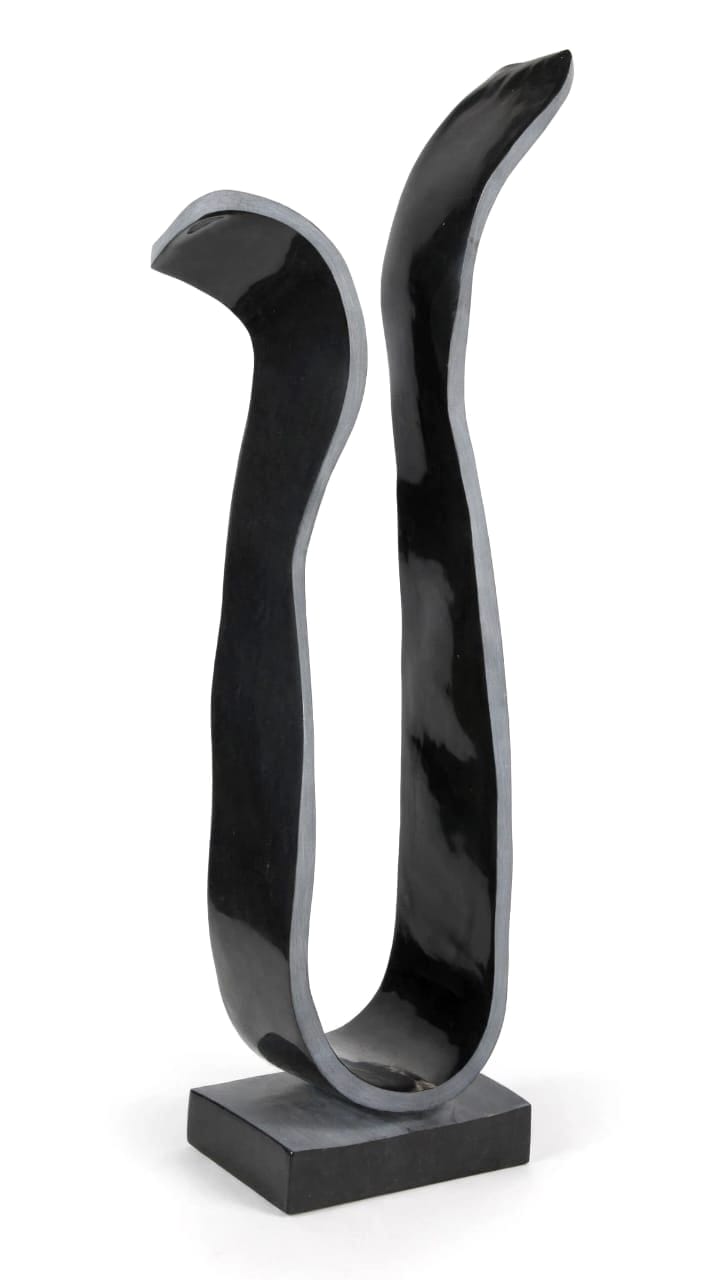 Two tall black curves rising from a flat base, with grey edges, on white