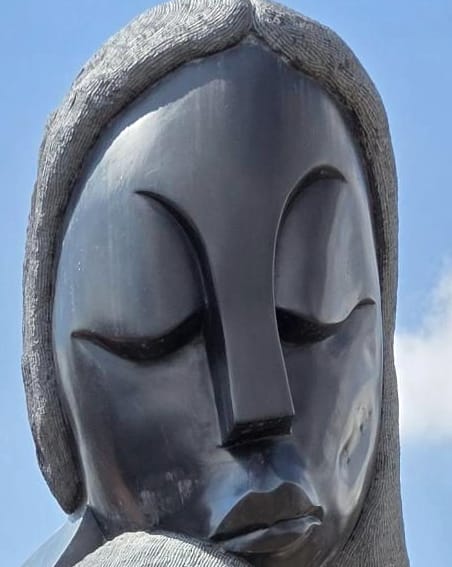 The upper face, eyes closed, framed by textured hair